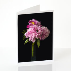A greeting card featuring two types of pink peony with a bumble bee